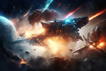Extraterrestrial war. Battle of soldiers and extraterrestrials. galactic battle. Sci-fi fiction scene illustration artwork design. Spaceship fleet. Space fighters. Generative AI