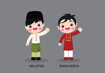 Obraz na płótnie Canvas Malaysia peopel in national dress. Set of Bangladesh man dressed in national clothes. Vector flat illustration.