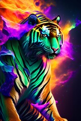 a tiger made from a magic malachite nebula , vivid glowing eyes , abstract hyperrealism , surreal oil waves and windblown ink , cinematic lighting , realistic photography - generative ai