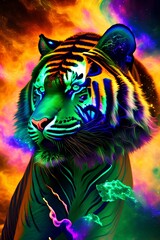 a tiger made from a magic malachite nebula , vivid glowing eyes , abstract hyperrealism , surreal oil waves and windblown ink , cinematic lighting , realistic photography - generative ai