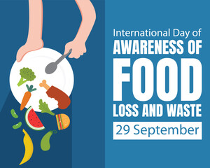 illustration vector graphic of a pair of hands throwing food filled with vegetables and fruits, perfect for international day, awareness of food loss and waste, celebrate, greeting card, etc.