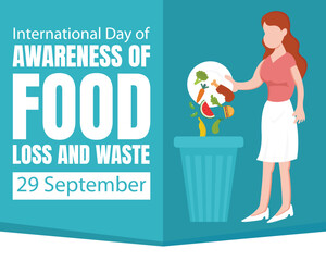 illustration vector graphic of a woman throws food into the trash, perfect for international day, awareness of food loss and waste, celebrate, greeting card, etc.