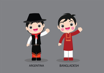 Argentina peopel in national dress. Set of Bangladesh man dressed in national clothes. Vector flat illustration.