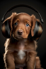  Young puppy listening to music on a head set, ai