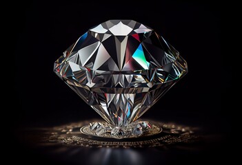 Beautiful sparkling diamond on a stand on a black background. Shows perfect cut and light refraction. 3d rendering. Generative AI