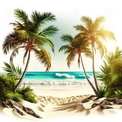 Tropical beach with palm trees during a sunny day, ai