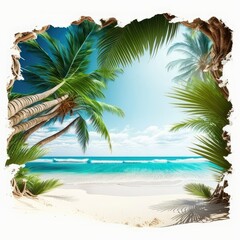 Tropical beach with palm trees during a sunny day, ai