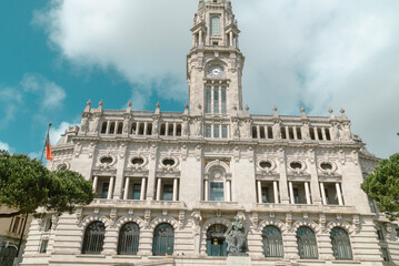 Fototapeta na wymiar Oporto, Portugal. April 12 , 2022: Porto City Hall building with its architecture and blue sky.