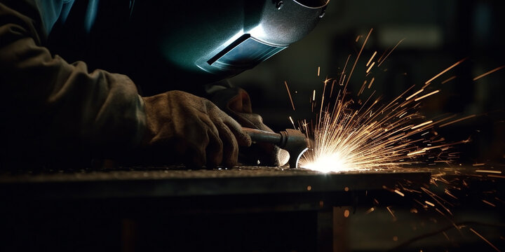 Welder makes welding in industrial production, close-up. Generative AI