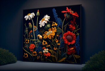 a painting of flowers and plants in a dark background with a blue sky in the background and a green field in the foreground with a yellow center and red center with a blue center. generative ai