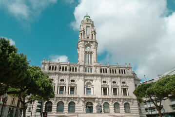 Fototapeta na wymiar Oporto, Portugal. April 12 , 2022: Porto City Hall building with its architecture and blue sky.