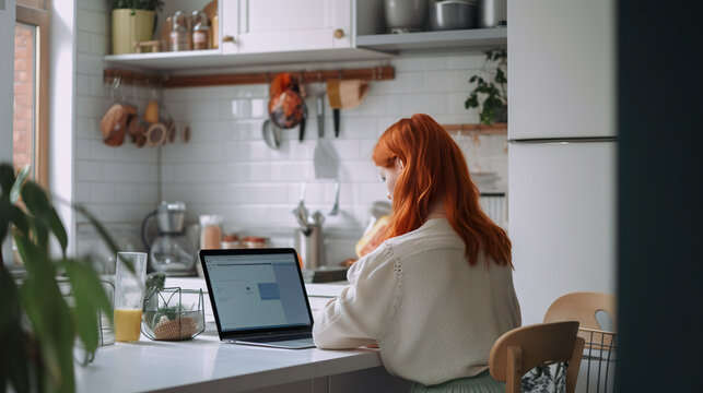 Back view of young woman with ginger hair afro style on kitchen working with laptop, AI generative