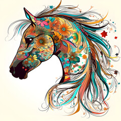 Horse face filled with flowers illustration made with AI generative tools