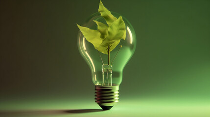 light bulb with green leaves, sustainable energy concept. Created using generative AI.
