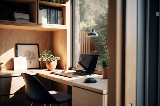 Small Corner Office Modern 2 Places Light Wood Storage A Window Overlooking A Pretty Garden An Asymmetrical Claustra Cinematic Depth Of Field Insane Details Intricate Details Beautifully Unreal 