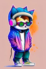 Extremely cool cat wearing a hoodie and sneakers. music headphones and cool glasses , Vivid colors - generative ai
