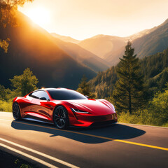  A red sports car parked on a winding mountain road, ai