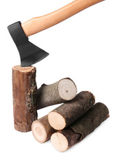 Metal ax and wood logs on white background