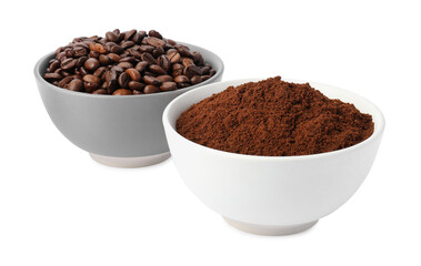 Bowls with ground coffee and roasted beans on white background