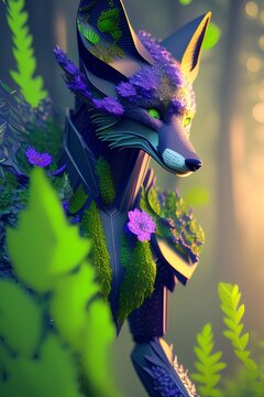 strybk, humanoid cyborg fox, shadow depth, ray tracing, rococo, floral fractal, green/purple splash, unreal engine, realistic - generative ai © unalcreative