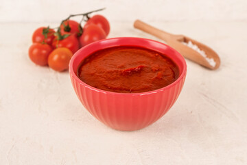 Bowl with tasty tomato paste and fresh vegetables on light background