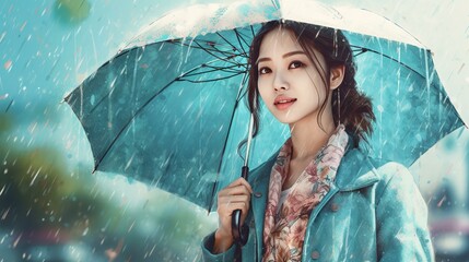 梅雨の時期に雨の日に傘をさす女性（6月・Generative AI）
