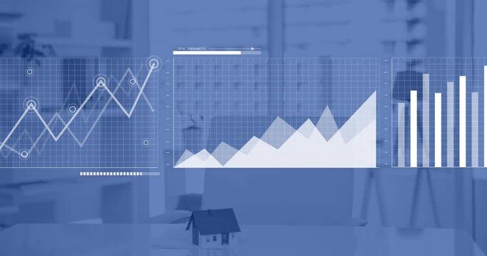 Animation of data processing over office desk with house model