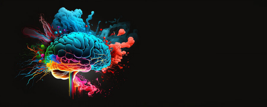 Virtual brain with bright explosion isolated on black banner. Brainstorm concept. Place for text. Generative AI