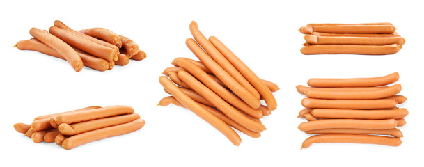 Collage with fresh raw sausages on white background