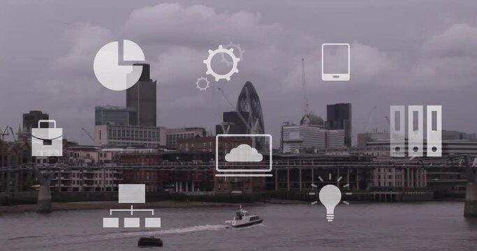 Animation of business icons over cityscape