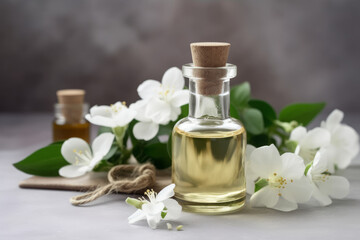 Fototapeta na wymiar Essential jasmine oil. Created with generative AI tools