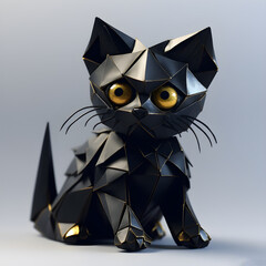 Origami Cat with big eyes, super cute, black and gold colors, white background, fantasy, hyper realistic