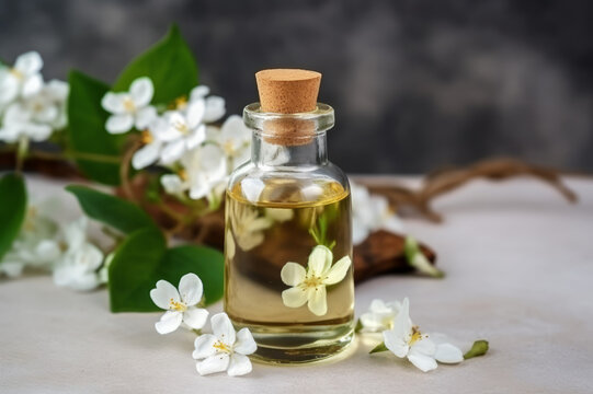 Jasmine essential oil and fresh jasmine blossom. Stock Photo by sokorspace