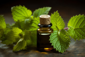Patchouli essential oil and fresh patchouli leaves on the wooden table - obrazy, fototapety, plakaty