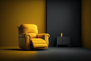 vibrant yellow recliner chair in a dimly lit room. Generative AI