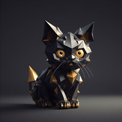 Origami Cat with big eyes, super cute, black and gold colors, white background, fantasy, hyper realistic