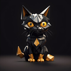 Origami Cat with big eyes, super cute, black and gold colors, white background, fantasy, hyper realistic