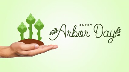 Happy Arbor Day handwritten animated text on green screen with leaf ornament. Suitable for greeting card animation in Arbor Day celebration. Happy Arbor Day. April 29