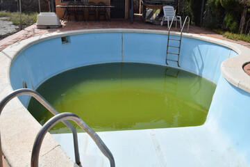 polluted untreated semi-circular cement pool with unfiltered, stagnant water requiring cleaning....