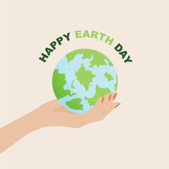 Hand Holding Globe, Earth Day Concept, Happy Earth Day Text, Premium Vector