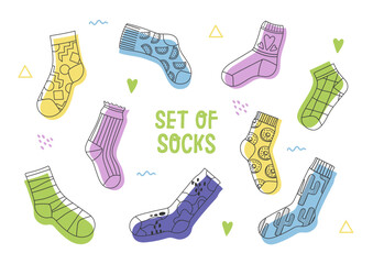 Multicolor socks set. Collection of minimalistic clothing elements. Fashion, trend and style. Cotton and textiles warm accessories. Cartoon flat vector illustrations isolated on white background