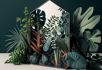 A mirror with tropical plants.Beautiful, minimalistic print for your decor for postcard, congratulations and poster. AI. Generative AI