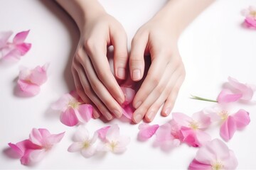 Obraz na płótnie Canvas Close-up of beautiful female hands with flowers. The concept of hand care anti-aging cream and spa. AI generated