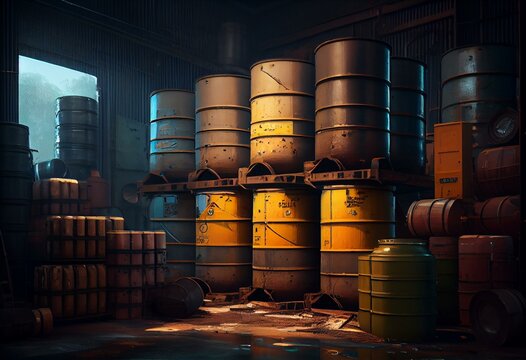 Metal Barrels, Hazardous Chemical Containment, Acid Or Flammable Material That Stored At Industrial Storage Area. Generative Ai Image