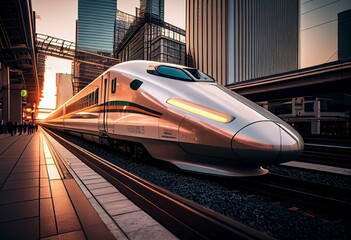 Fototapeta na wymiar Modern high speed bullet train in the modern city. Generative AI