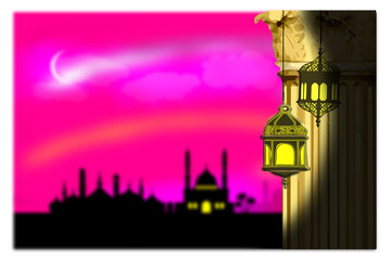 Islamic style chandeliers on ornate traditional column on defocused background of islamic mosque. Islamic culture. Islamic decorative art. Culture and religion. Vector illustration.