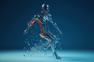 Human body shape of a running man filled with blue water, wellness concept. AI generated, human enhanced