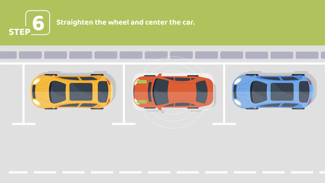 Parallel parking step 6. Straighten wheel and center car. Template, layout and mock up. Educational infographic with rules of road. Top view at parking lots. Cartoon flat vector illustration