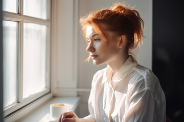 Portrait of a woman at the window with soft light. AI generated, human enhanced