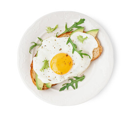 Delicious sandwich with fried egg, avocado and arugula on white background